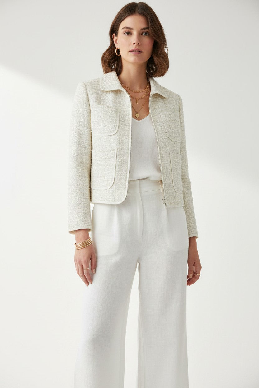 Woman wearing a light-colored cropped jacket and white pants on a white background.