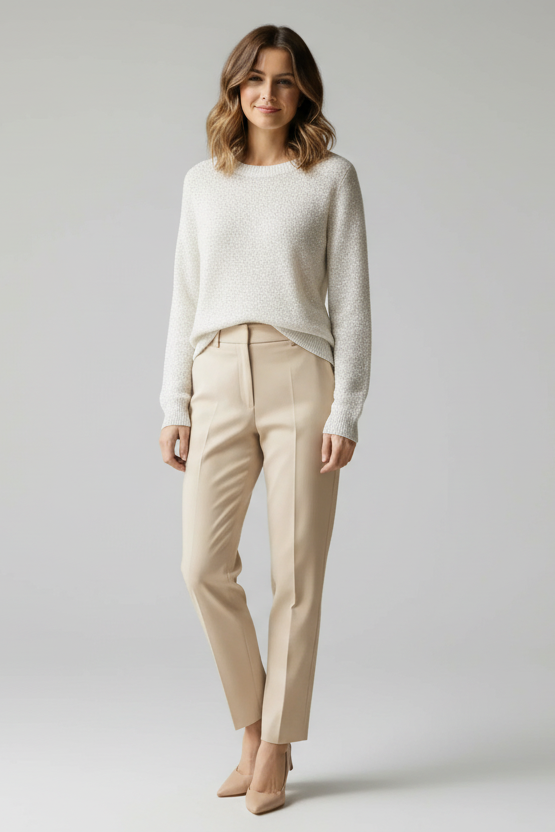 Woman wearing a white sweater with diamond detailing and beige pants against a beige background.