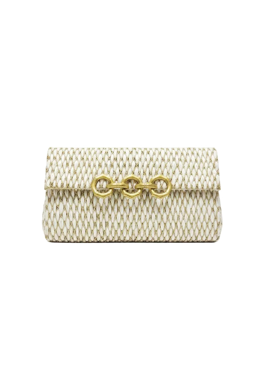 Gold bag with white straw detailing on a whie background.