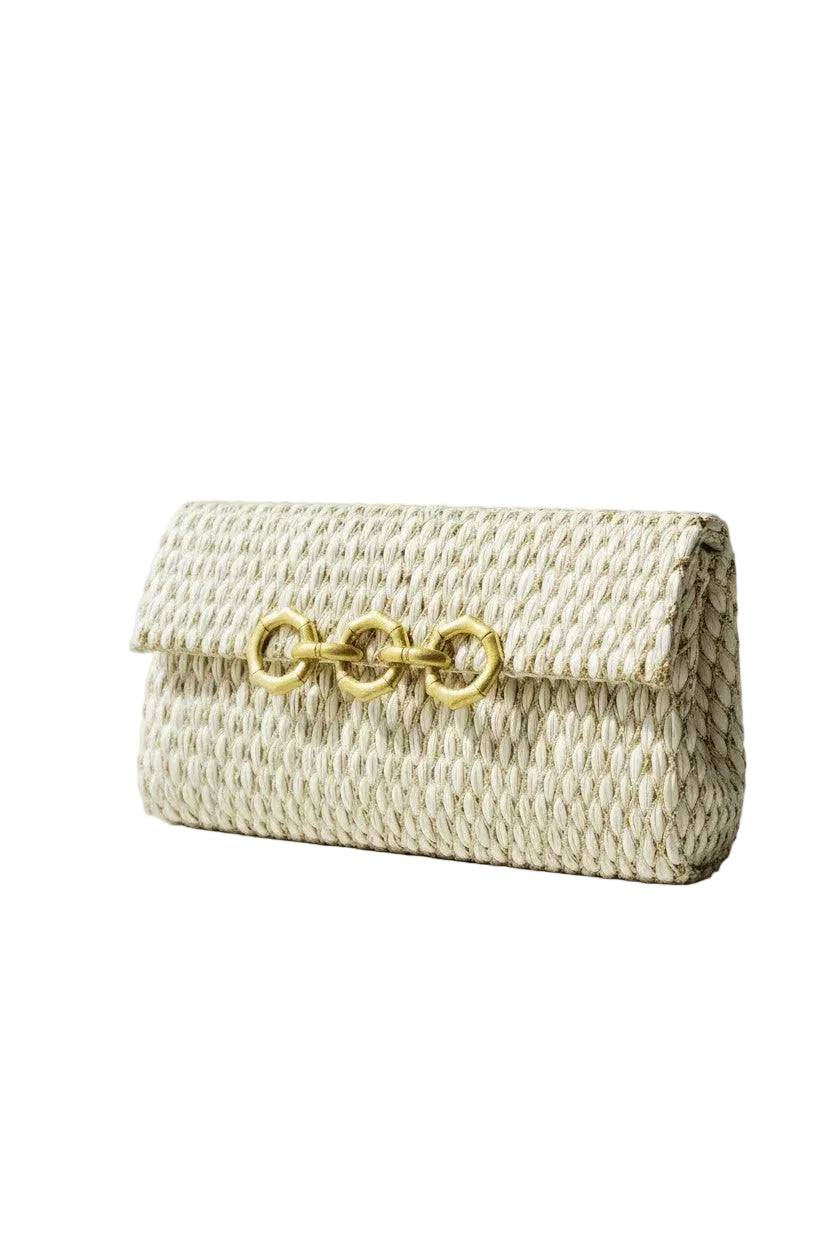 Woven handbag with gold chain detail on a white background.