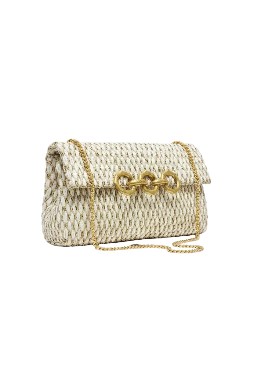 Woven handbag with gold chain strap on a white background.