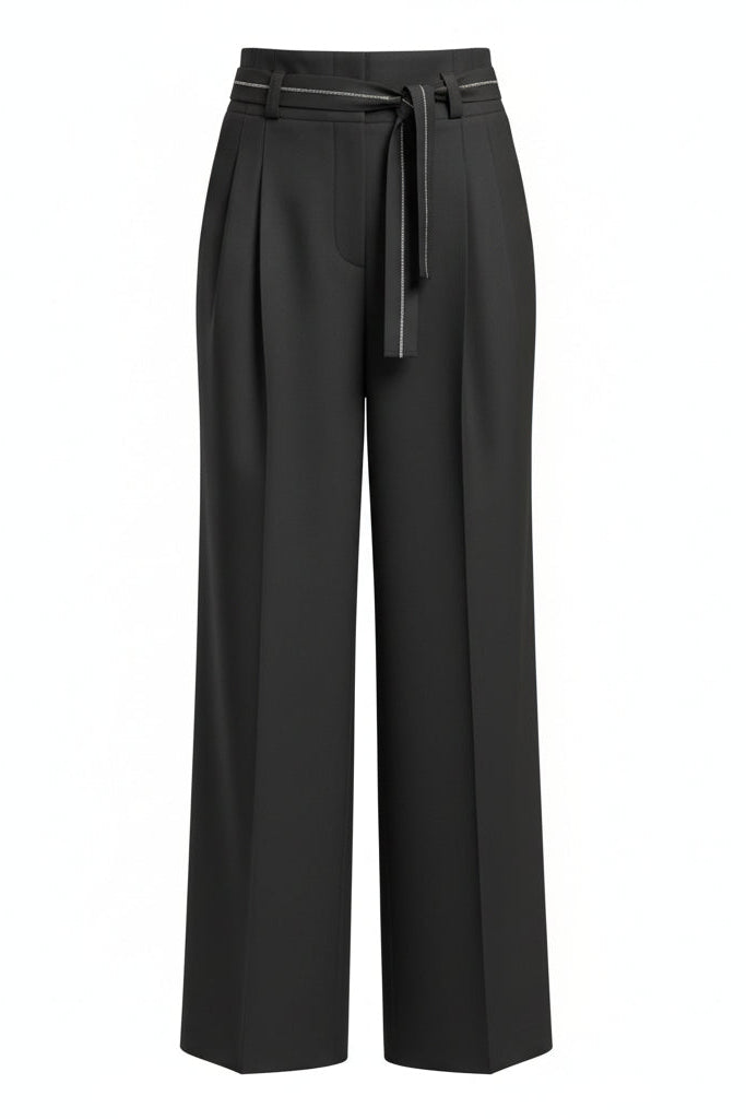 Black wide-leg pants with a sparkle belt on a white background.