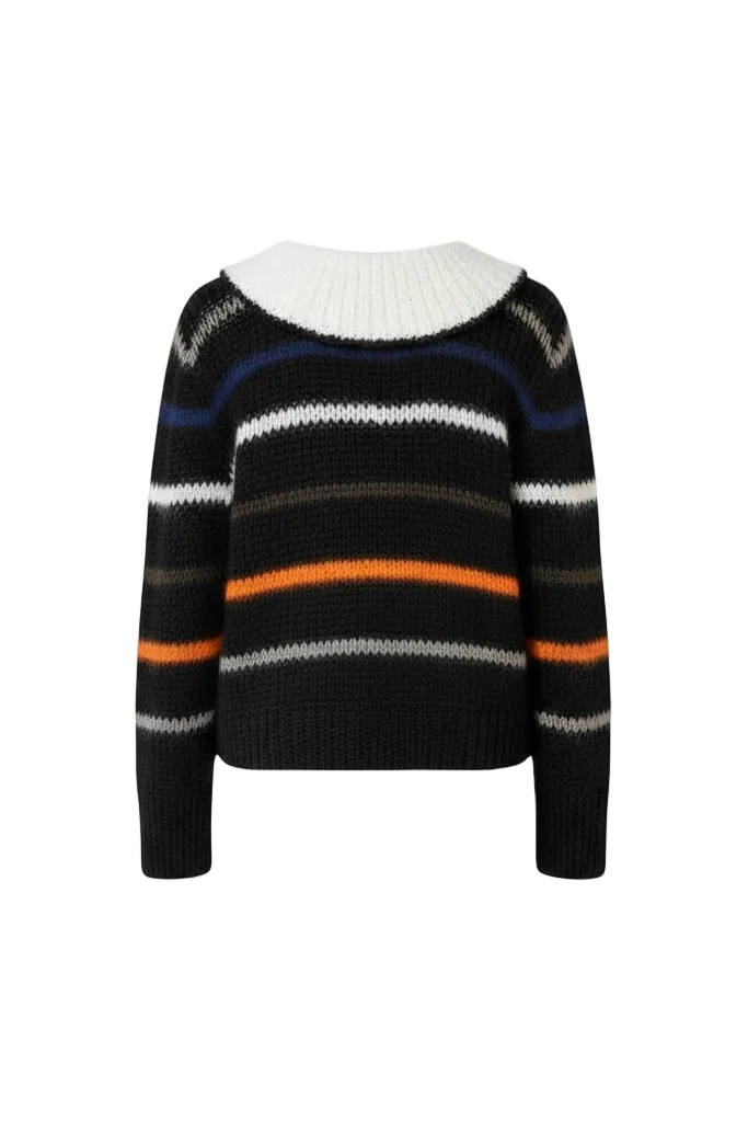  Back of a striped sweater with a white collar on a white background
