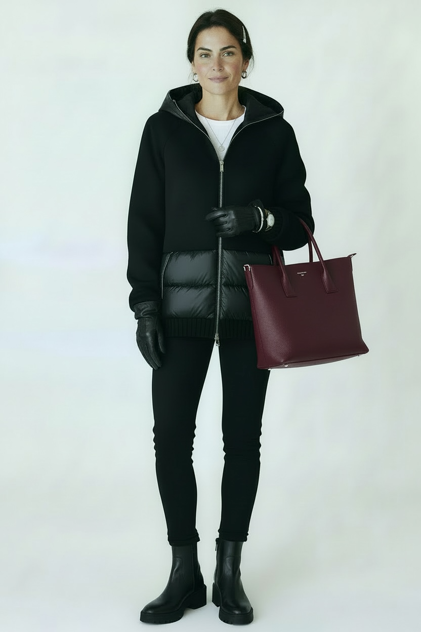 Person wearing a black puffer jacket and holding a maroon handbag on a white background
