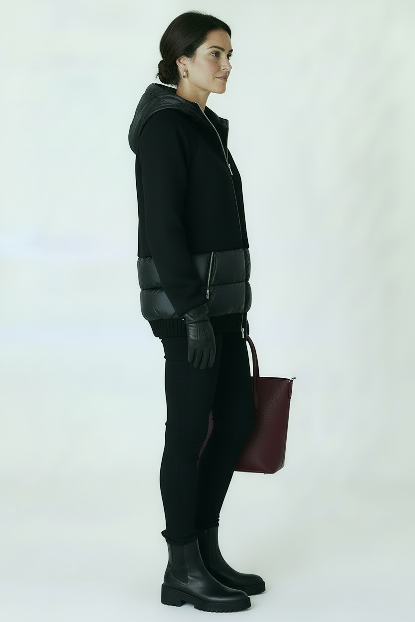 Person wearing a black outfit with gloves and boots, holding a red bag on a white background
