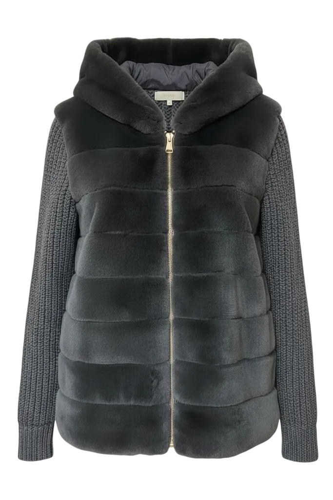 Dark gray quilted jacket with a hood on a white background.