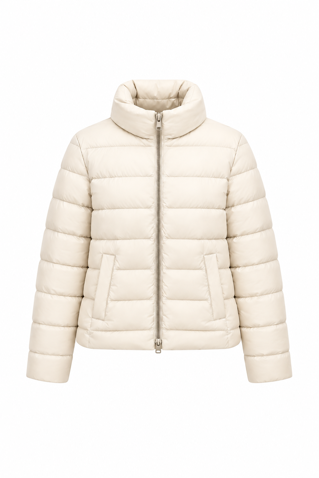 Cream quilted puffer jacket with high stand collar, zip front, and welt pockets.