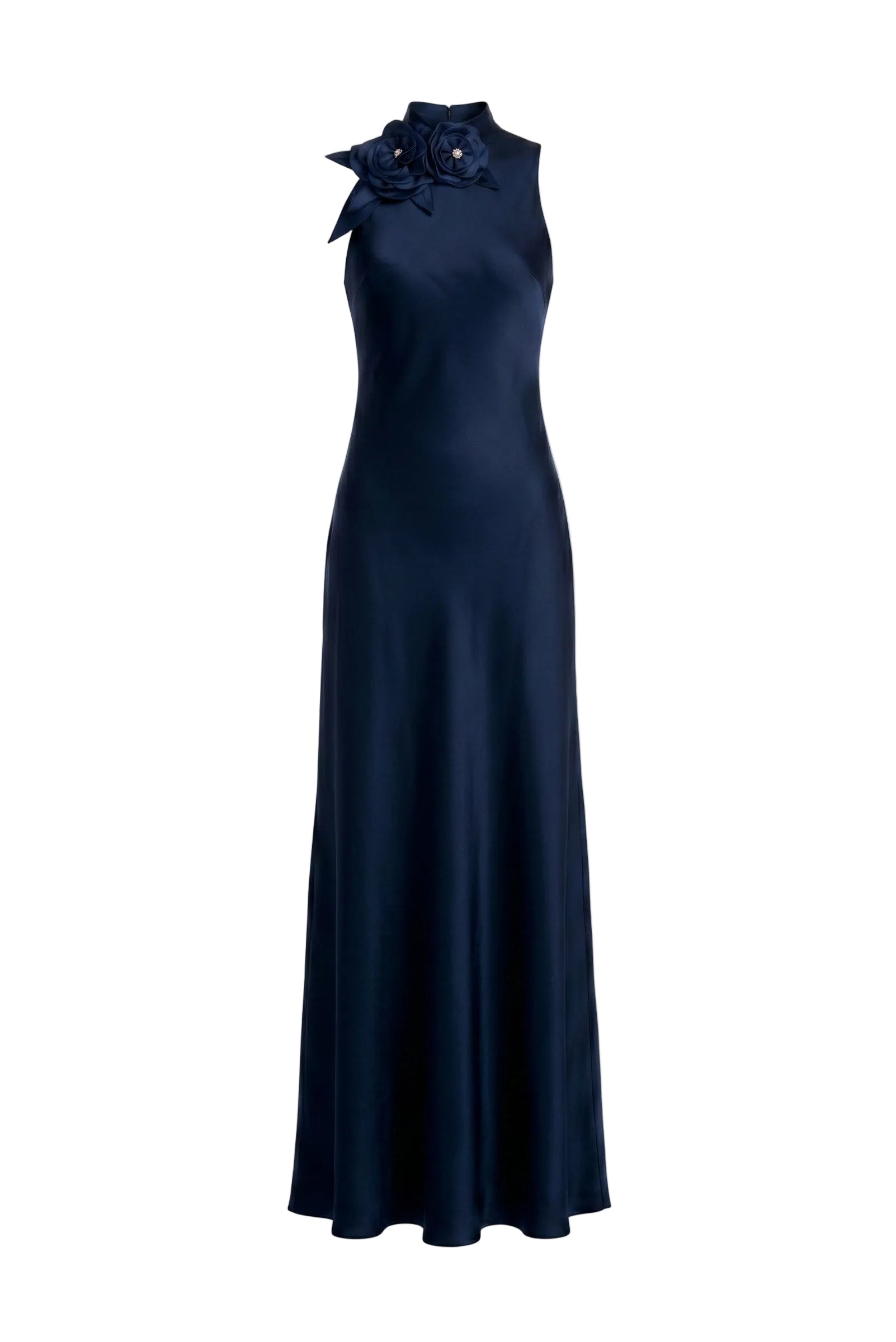 Navy blue evening gown with floral detail on a white background.