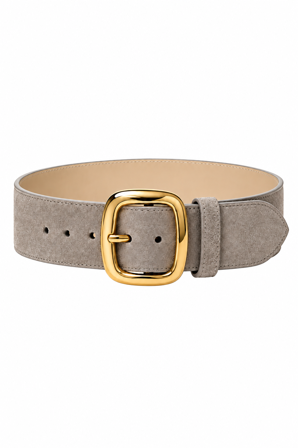 A grey Seventy suede belt with a polished gold-tone square buckle, displayed on a clean white background.