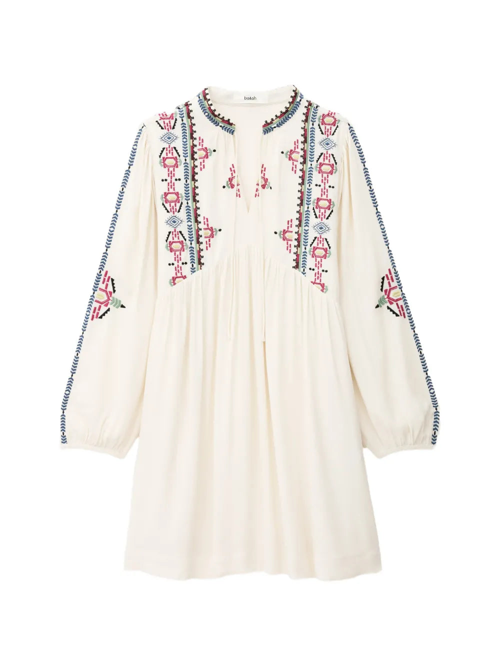 White dress with colorful embroidery on a white background.