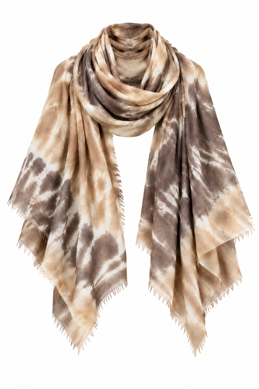 A lightweight square scarf with a tie-dye pattern in shades of beige, brown, and tan, featuring fringed edges, displayed against a solid white background.