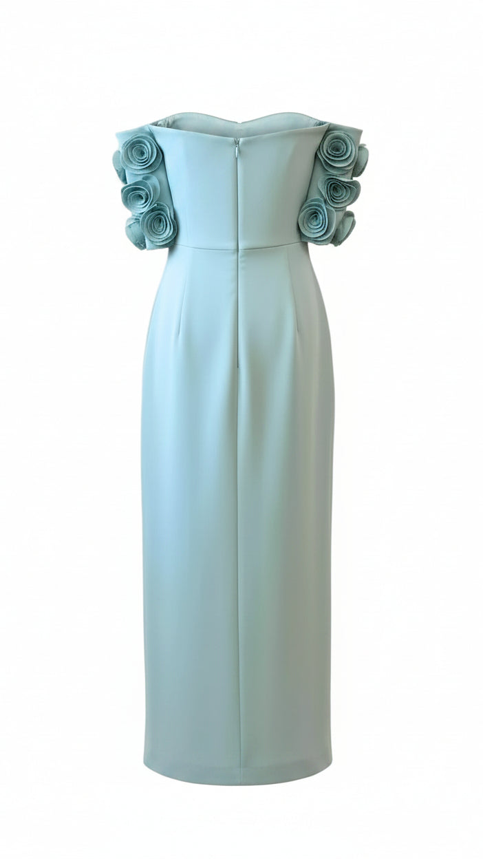 Light blue strapless dress with floral details on a mannequin against a white background.
