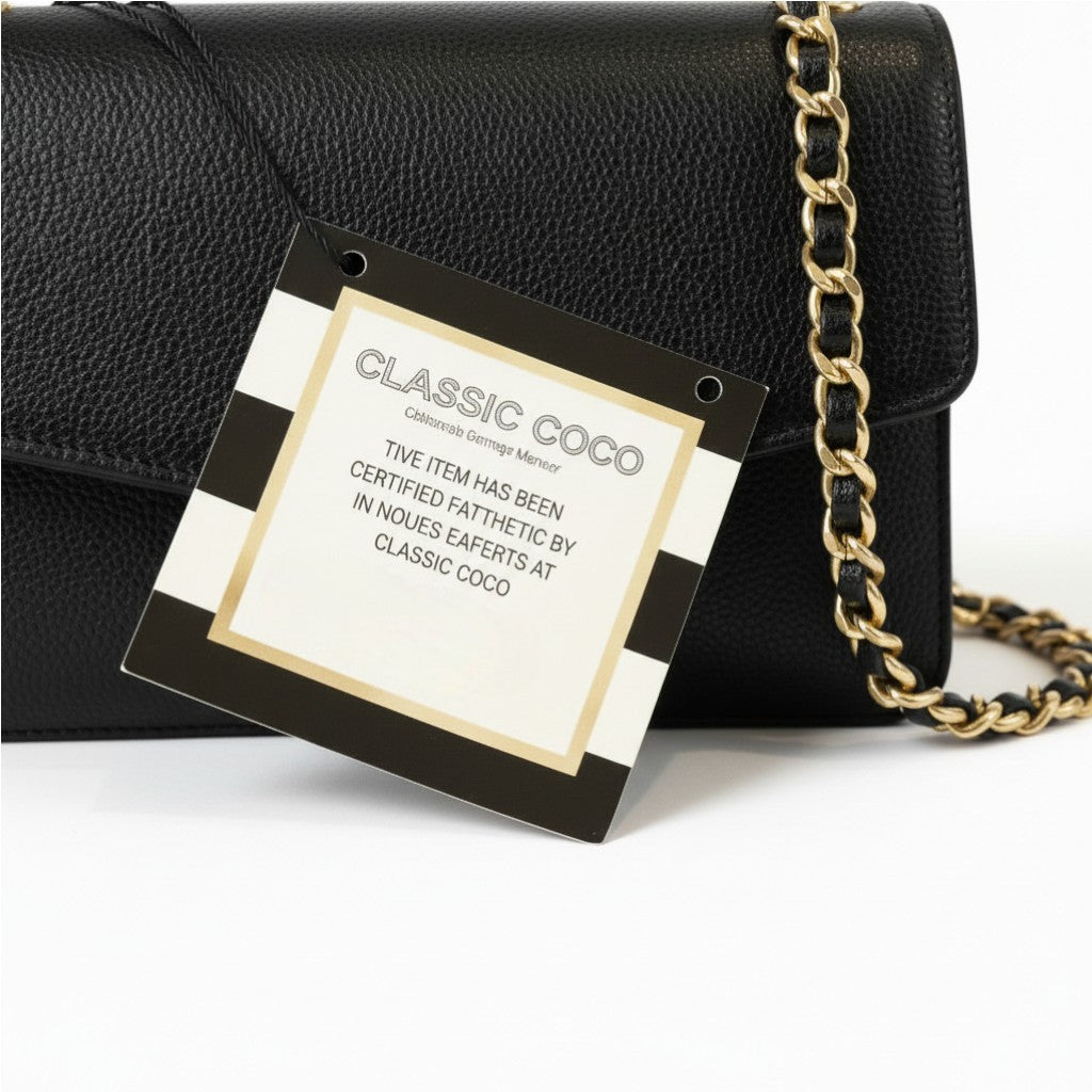 Black handbag with a gold chain and a 'Classic Coco' authenticity tag on a white background.