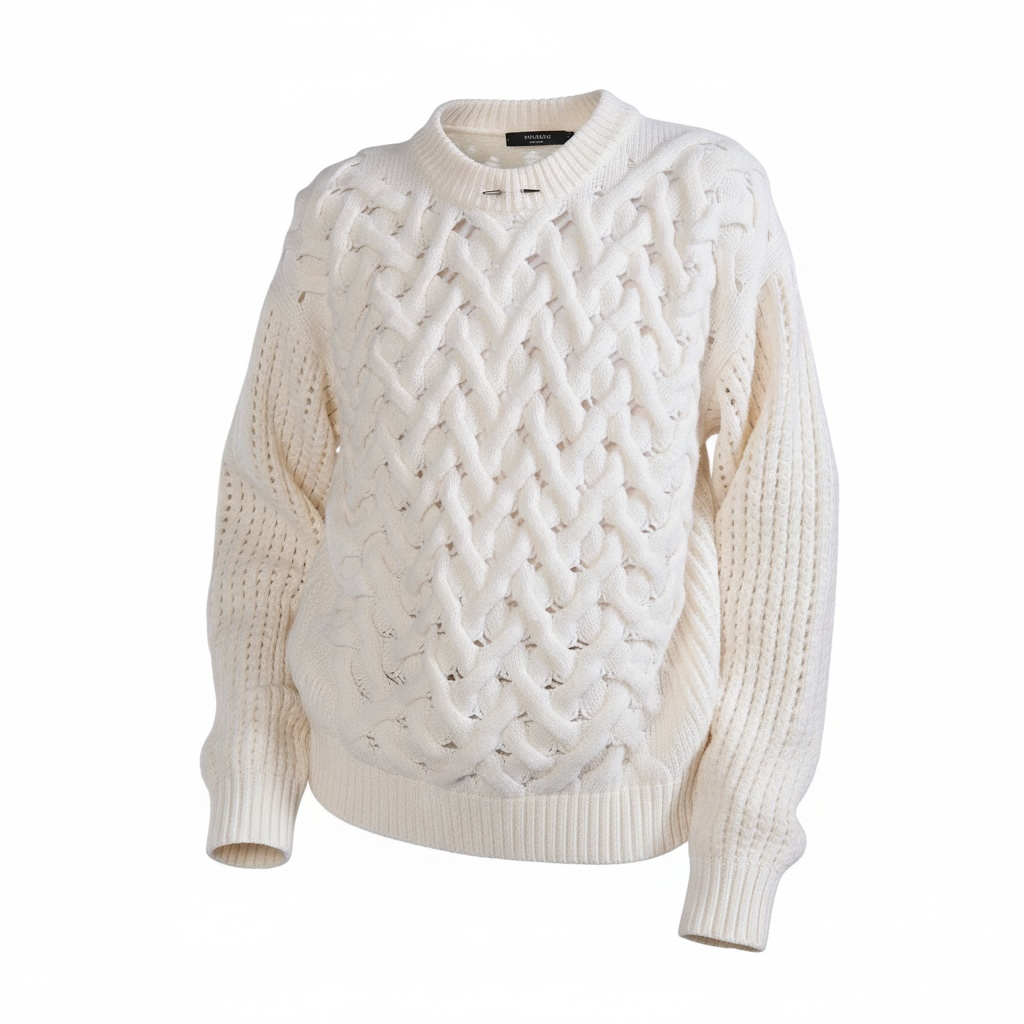 White cable knit sweater on a white background.