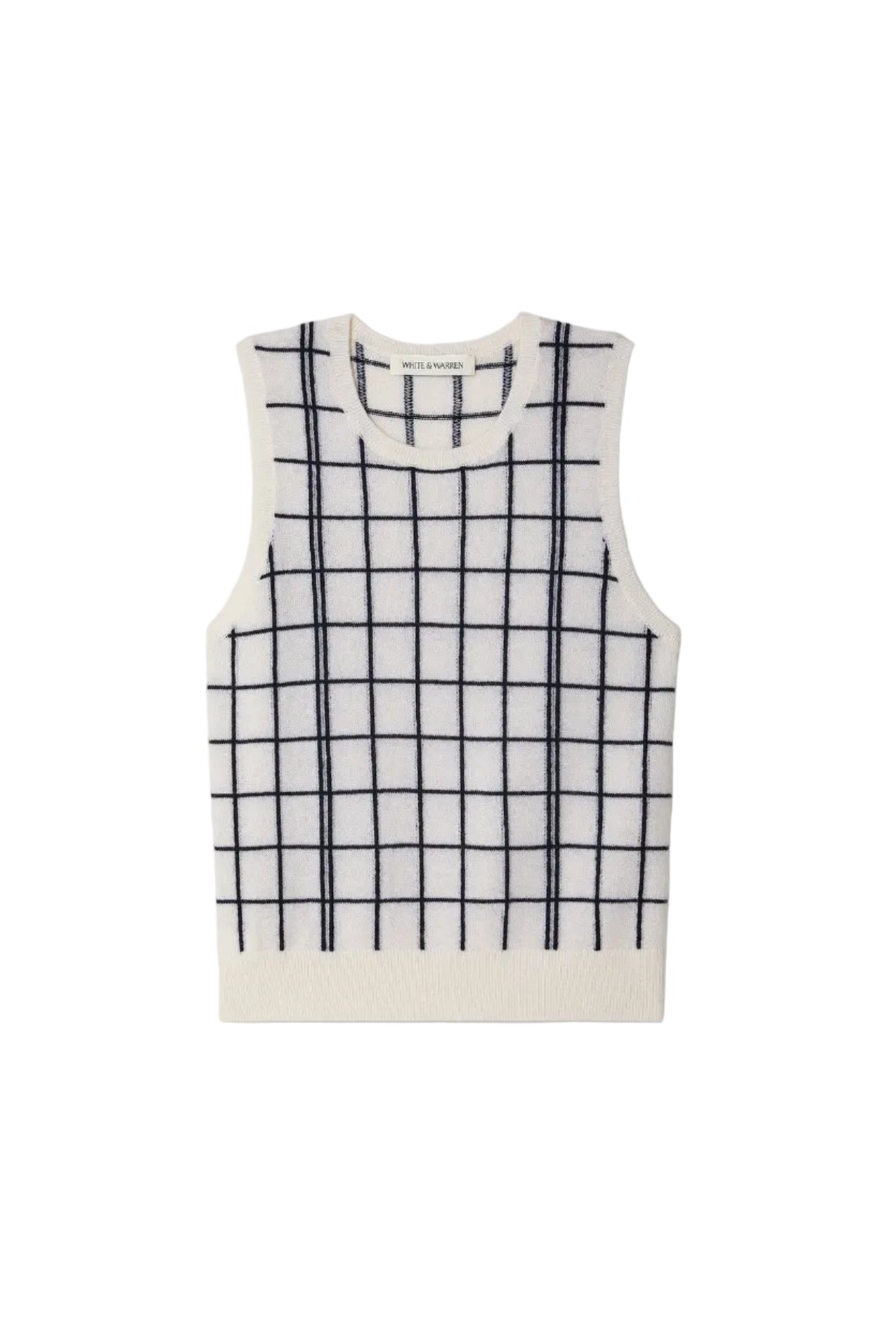 Sleeveless top with navy grid pattern on a white background.