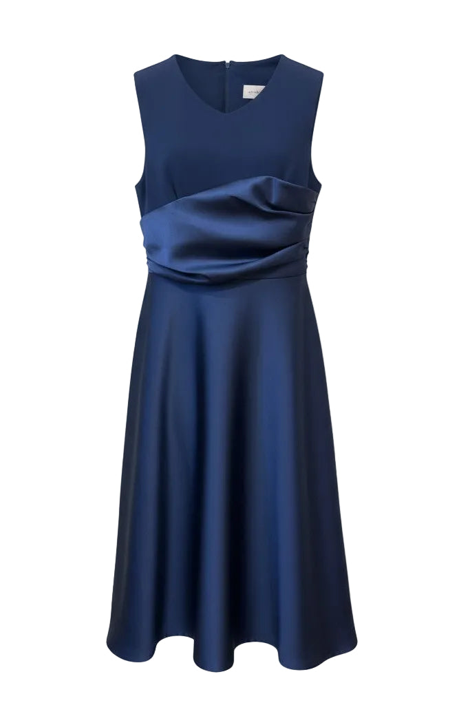 Navy blue dress with a draped effect on a white background.