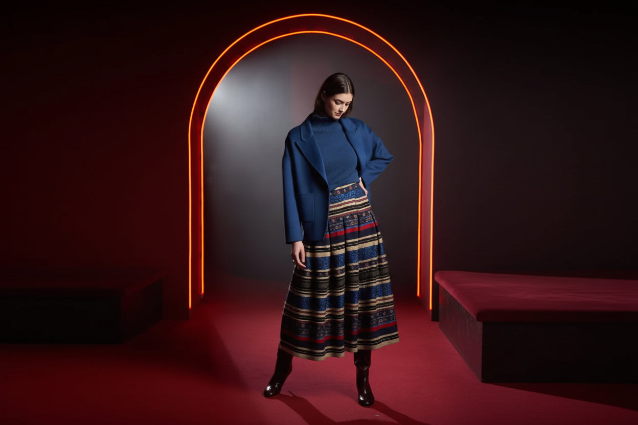 Woman in a blue outfit with a patterned skirt standing in front of an archway with orange lighting.