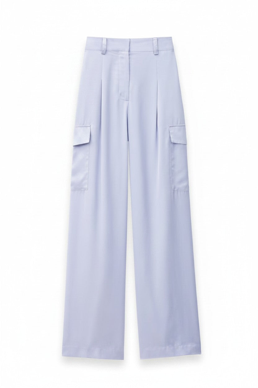 Lavender pants with cargo pockets on a white background.