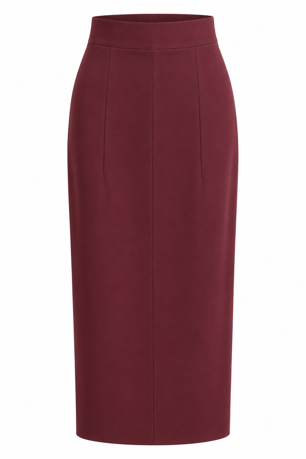 Marie Saint Pierre Tarselle double jersey midi skirt in rich burgundy, featuring a high-rise waistband, tailored vertical seam detailing, and a sleek, straight silhouette against a pure white background.