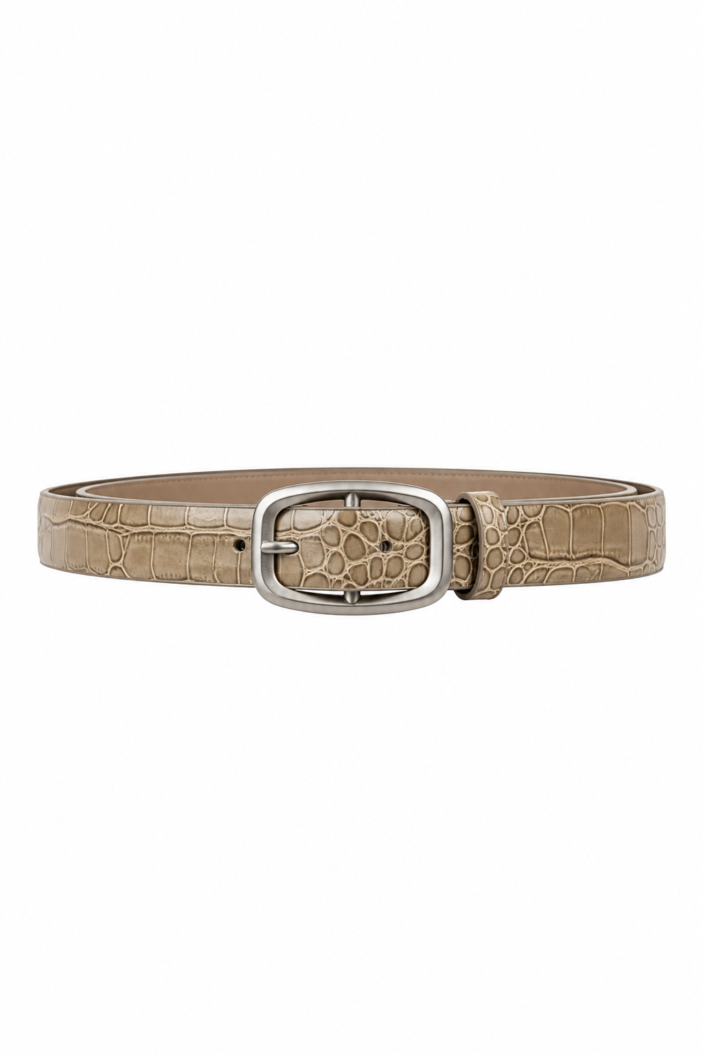 Nude taupe croc-embossed belt with a rounded silver-tone buckle and matching keeper loop, centered on a white background.