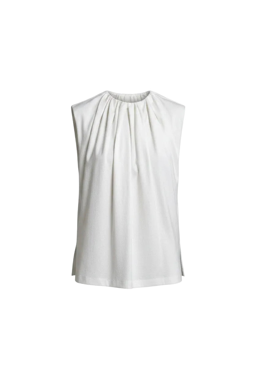 White sleeveless top on a white background.