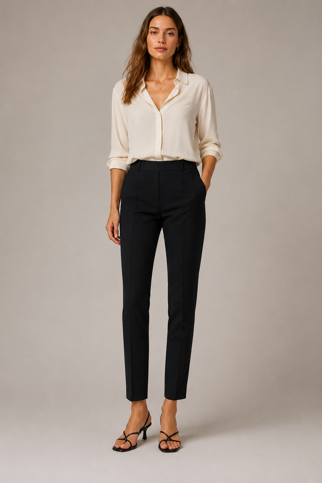 Model wearing the black Peserico Bi-Stretch Canvas Pant from the front with an ivory blouse and black heels.