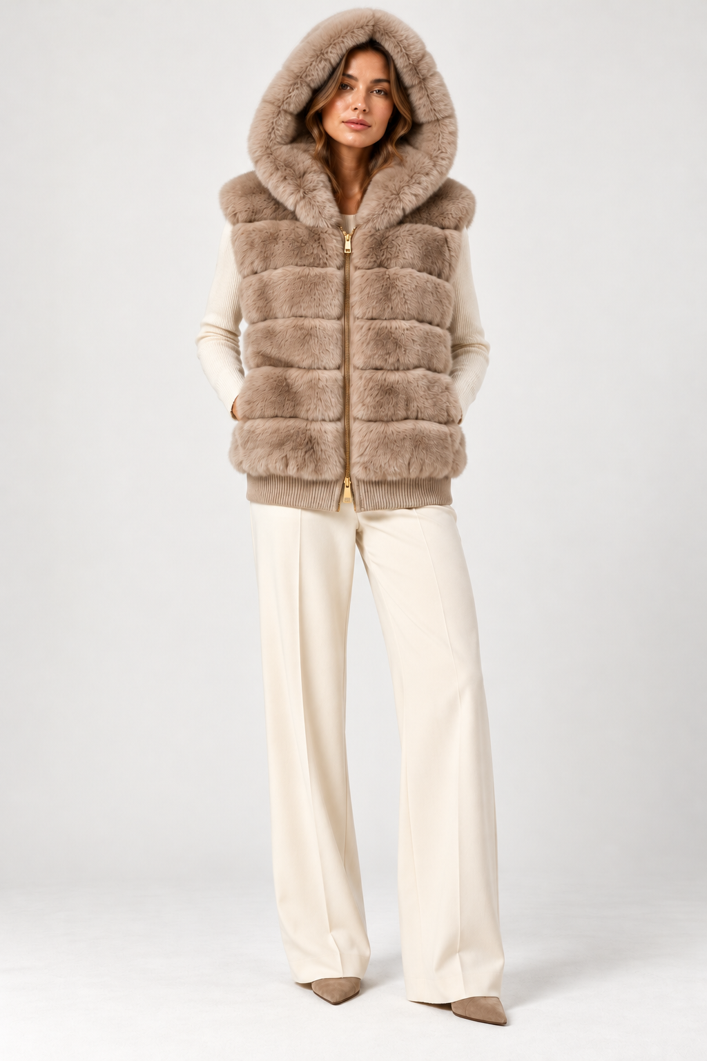 Front-facing full-length model wearing the Suprema Rex rabbit fur vest in soft taupe with the plush fur hood up, featuring horizontal fur panels, a gold-tone two-way zipper, and ribbed wool-cashmere hem. Styled over an ivory knit top with cream wide-leg trousers and taupe pointed-toe shoes against a neutral studio background.